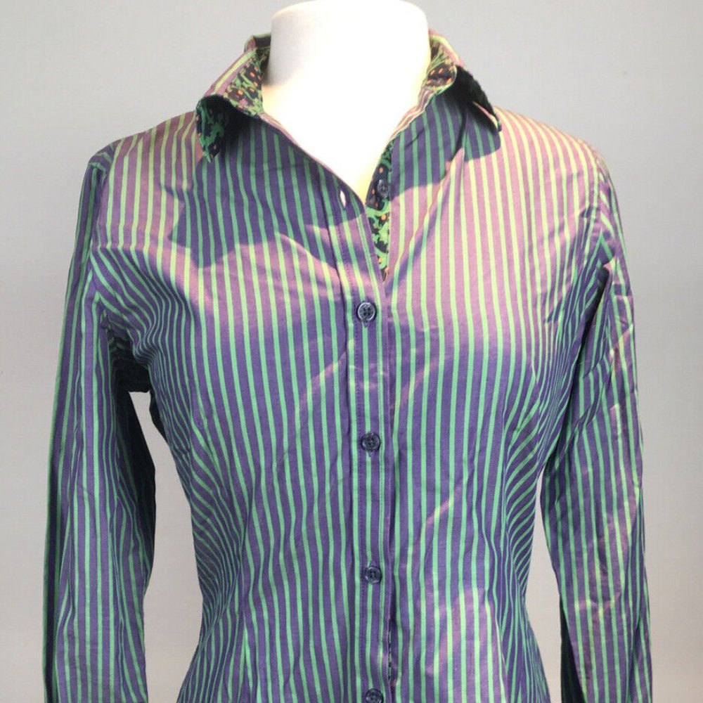 C Wonder M Purple Green Striped Button Down Long Sleeve Blouse Contrast Cuff